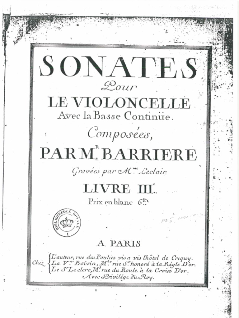 BARRIERE JeanBaptiste Sonates Pour Le Violoncelle Avec La BC, Livre