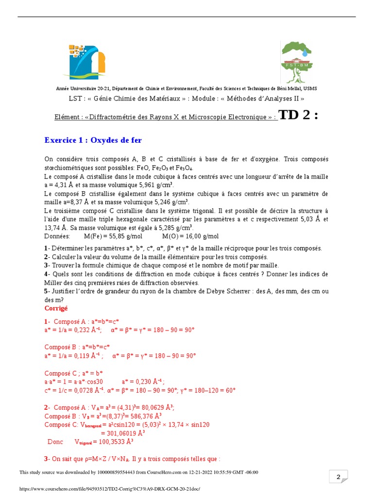 TD2 Corrig DRX GCM 20 21 | PDF | Structure cristalline ...