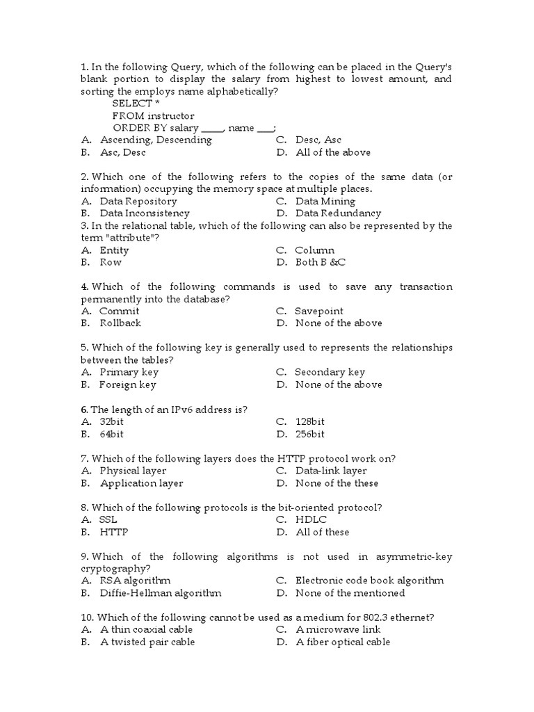 A Collection of Multiple Choice Questions Covering Topics in Databases ...
