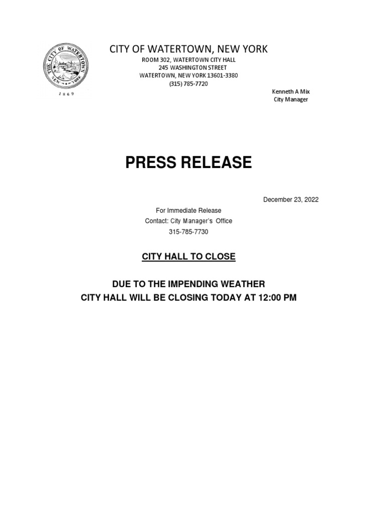 Watertown City Hall Closing at Noon Dec. 23, 2022 PDF