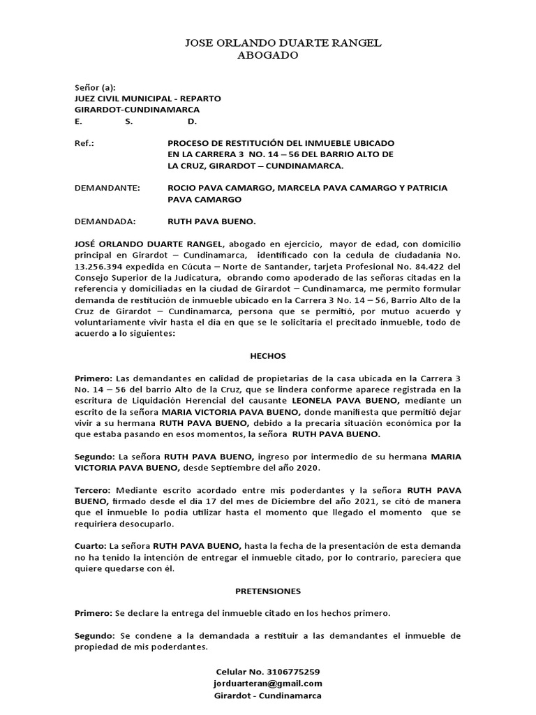 Demanda de Restitución de Inmueble en Girardot | PDF | Gobierno | Justicia