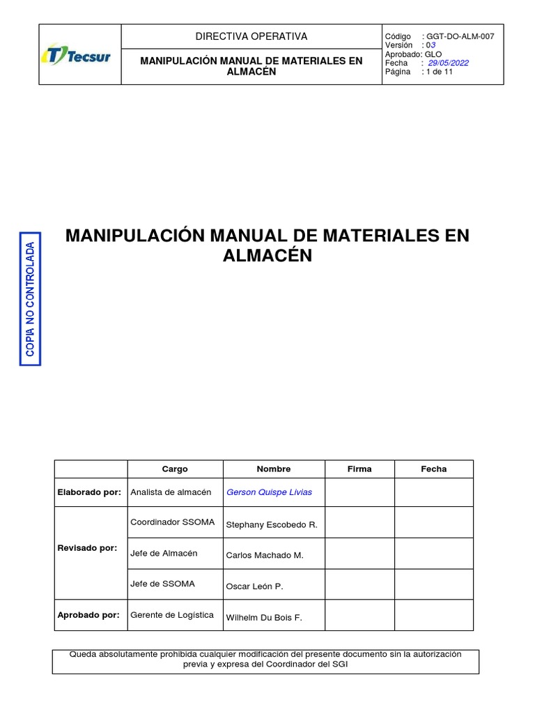 Manipulación Manual de Materiales en Almacén | PDF | Máquina elevadora ...