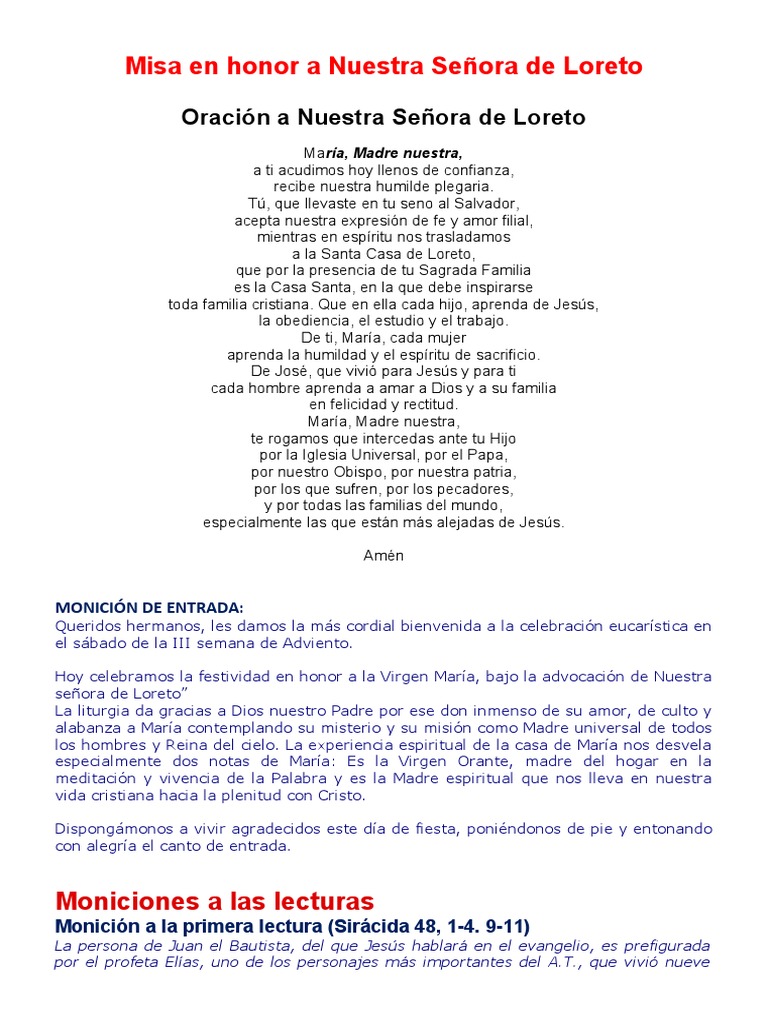 Misa en Honor a la Virgen de Loreto | PDF | María, madre de Jesús ...