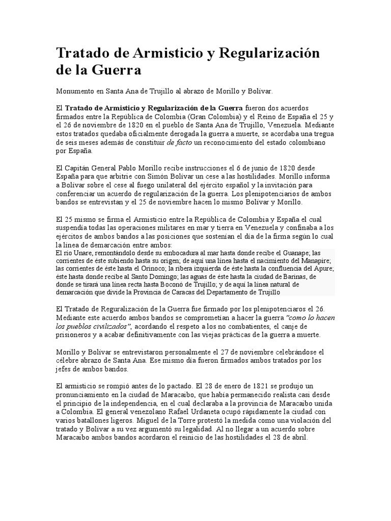 Tratado de Armisticio y Regularización de La Guerra PDF Venezuela