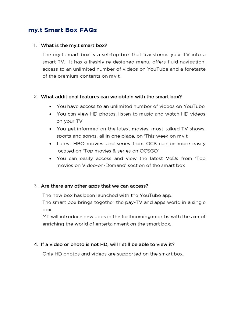 my.t Smart Box: Features & FAQs | PDF | Video On Demand | Computing