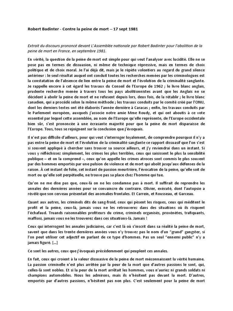 Badinter : Discours contre la peine de mort | PDF | Peine capitale | Crimes