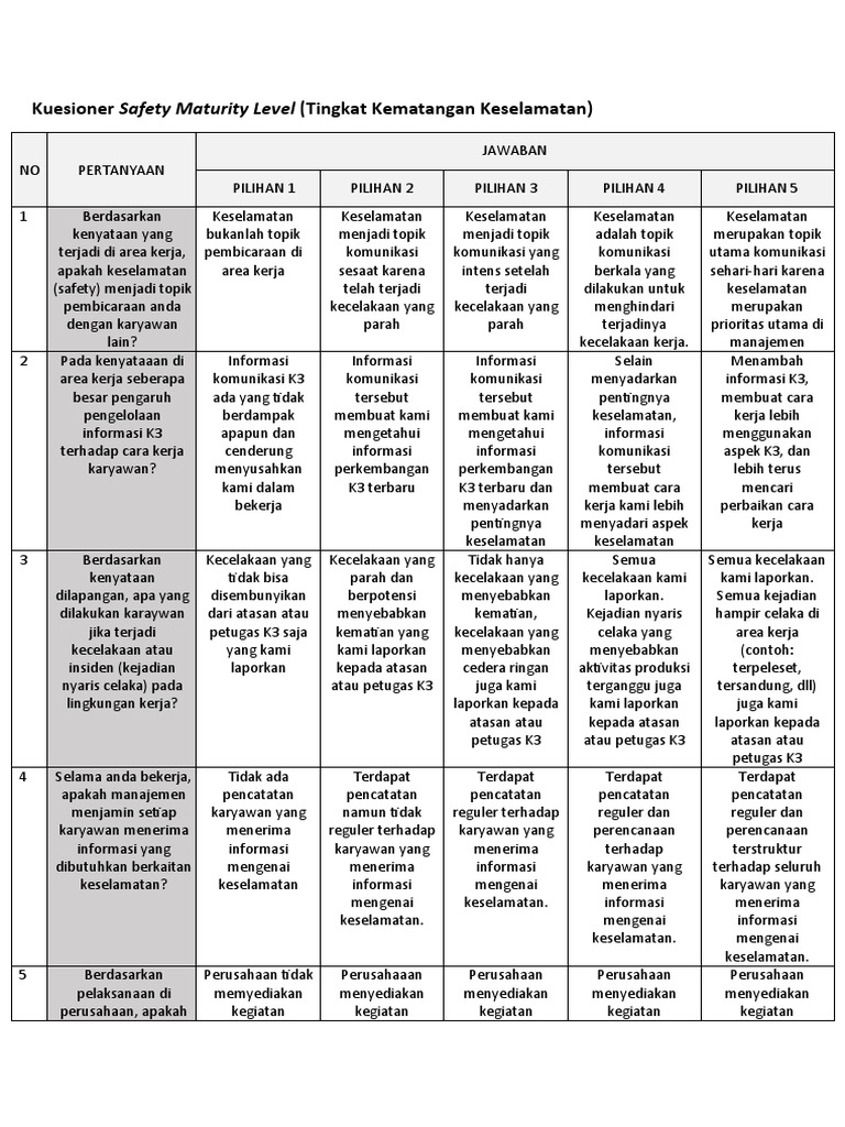 Kuesioner Safety Maturity Level | PDF