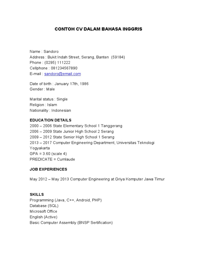 Word CONTOH CV DALAM BAHASA INGGRIS | PDF