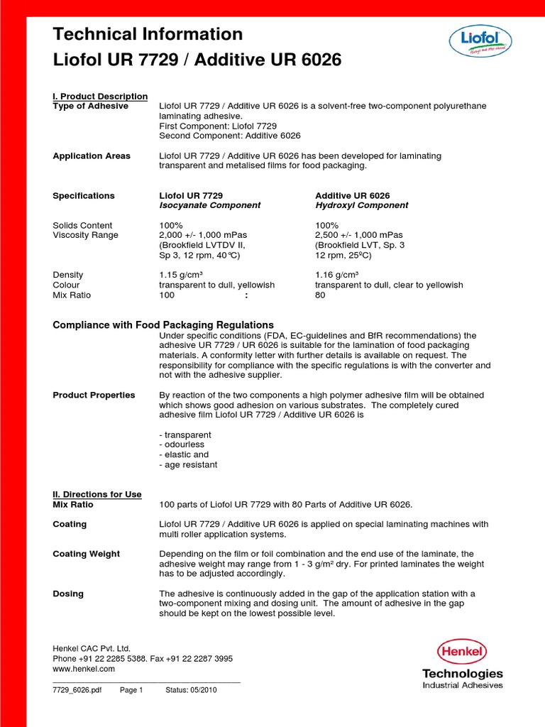 Technical Information Liofol UR 7729 / Additive UR 6026 I. Product