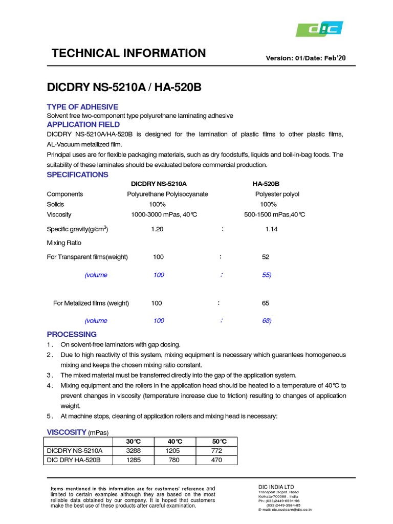 Dicdry ns 5210a ha 520b new tds pdf polyurethane adhesive