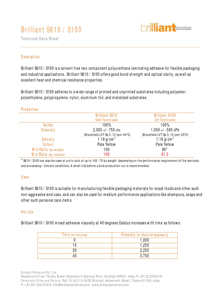 TDS Brilliant S610S100 Download Free PDF Adhesive Lamination