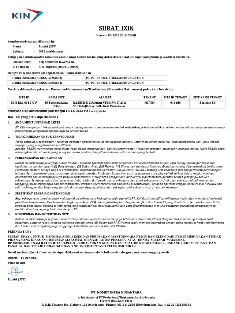 Surat Izin: Pt. Komet Infra Nusantara | PDF