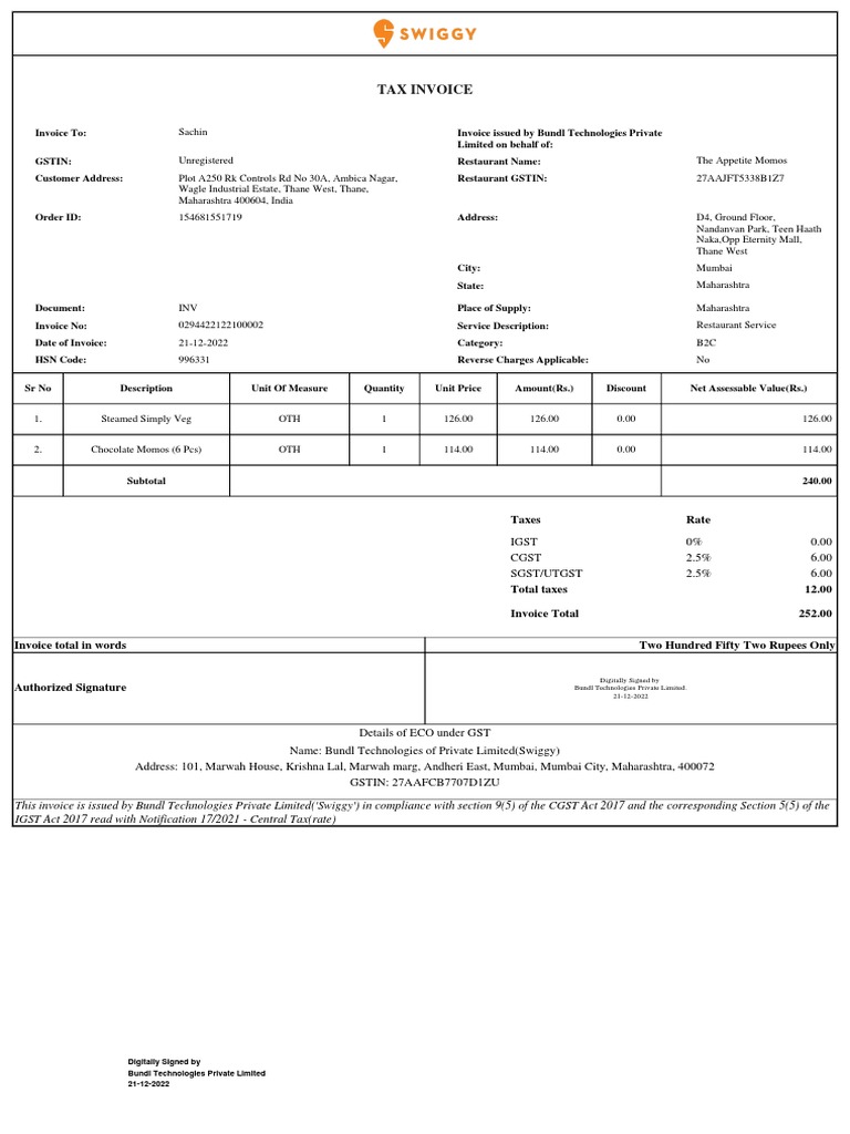 Restaurant Meal and Tax Invoice PDF Invoice Taxes