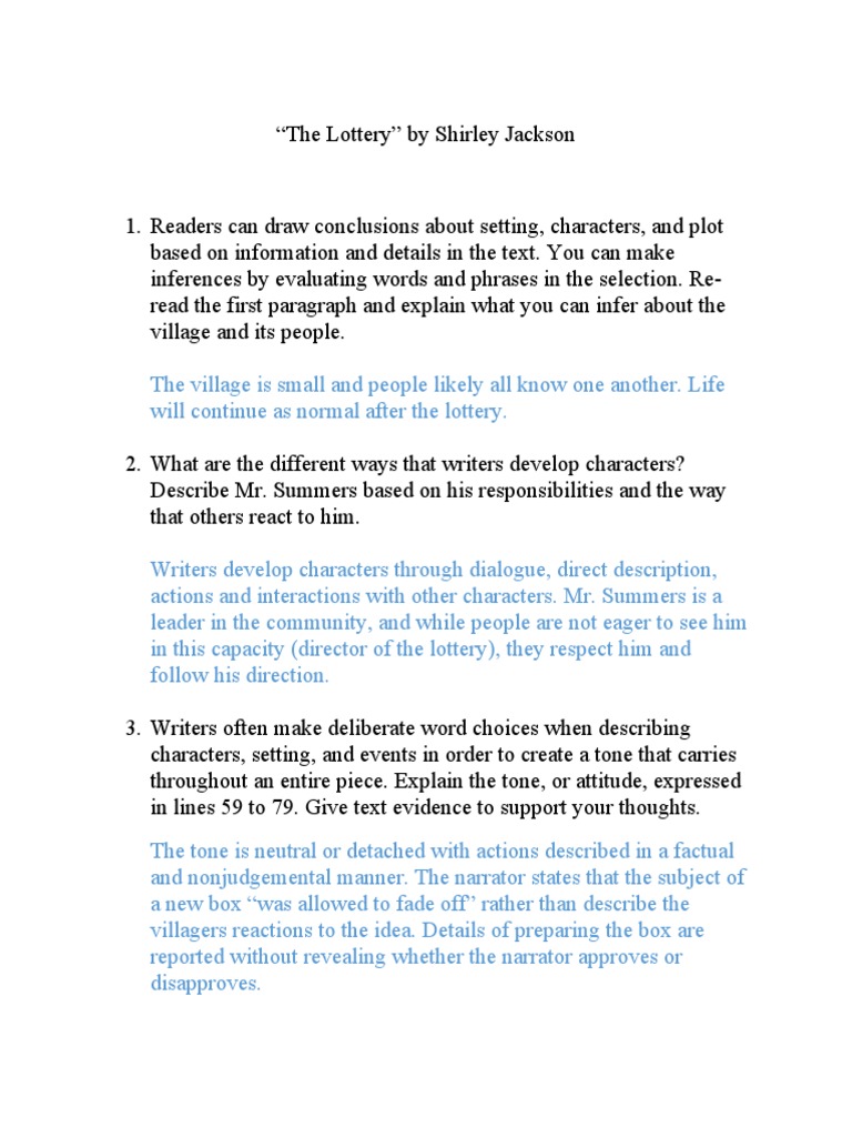 The Lottery Close Reading Activity With Answers PDF Narration