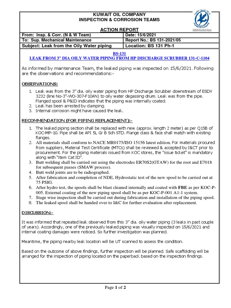 Oil Pipe Leak Inspection Report | PDF | Pipe (Fluid Conveyance) | Leak
