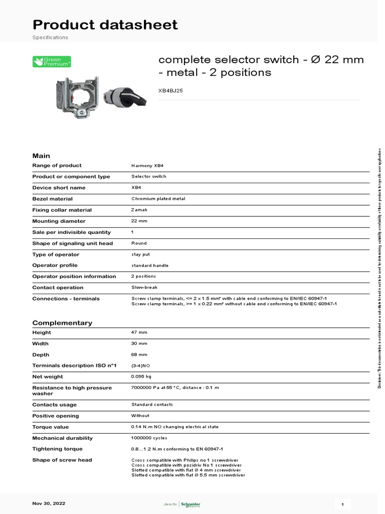 Selector Switch Specification Sheet Complete Selector Switch Ø 22 mm