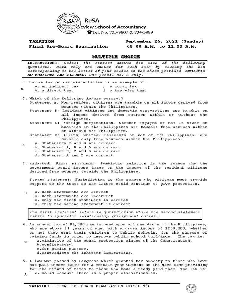ReSA B42 TAX Final PB Exam Questions Answers Solutions PDF PDF
