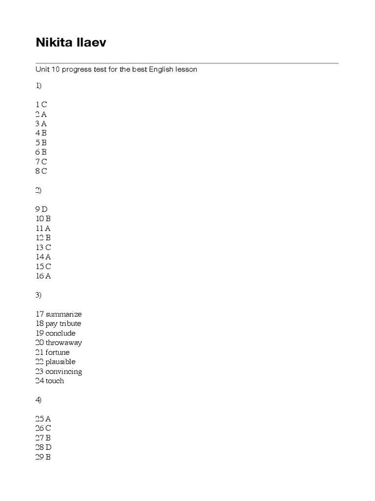 Unit 10 Progress Test Answers | PDF