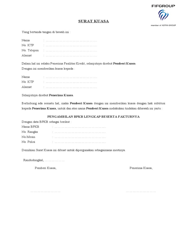 Surat Kuasa Pengambilan BPKB FIF | PDF
