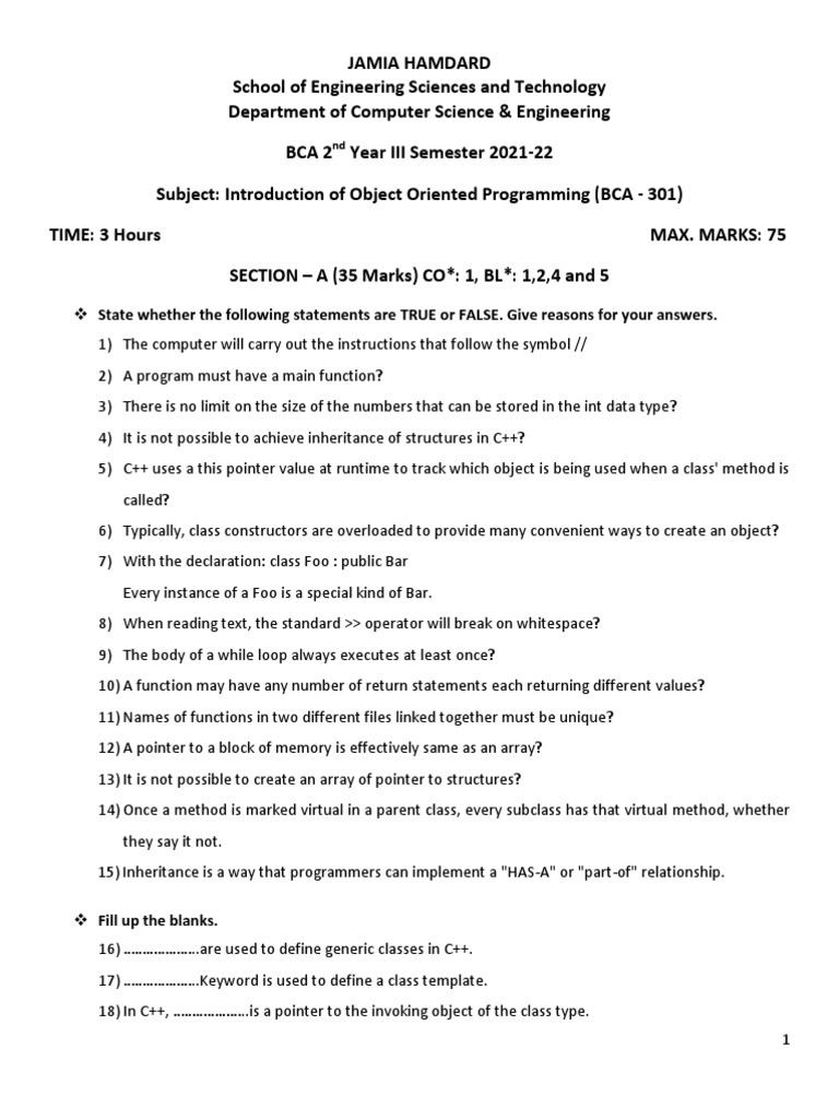 Question Paper 2021 Introduction To Object Oriented Programming | PDF ...