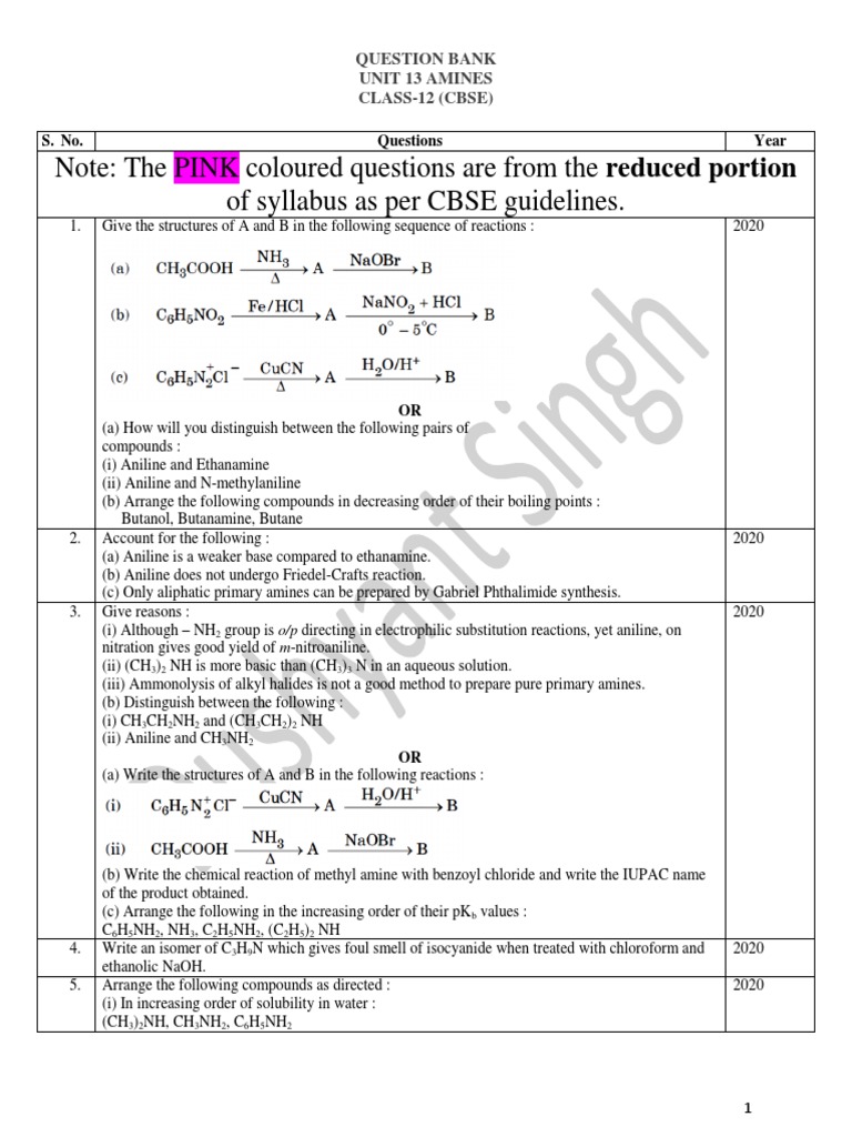 Class 12 Amines Question Bank | PDF | Amine | Organic Compounds