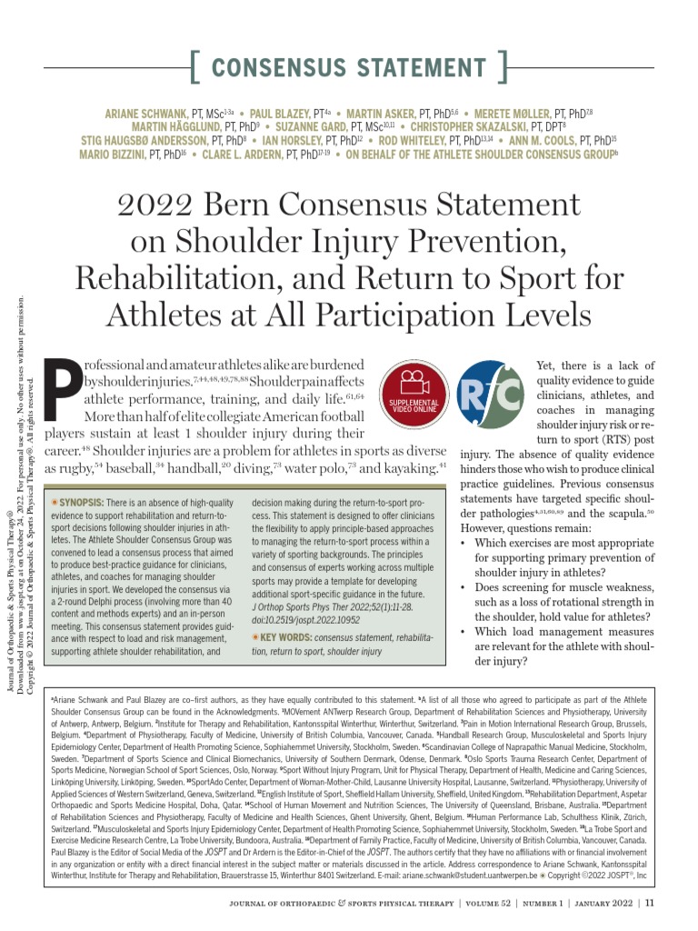 Consensus Statement On Shoulder Injury Prevention, Rehabilitation, and ...