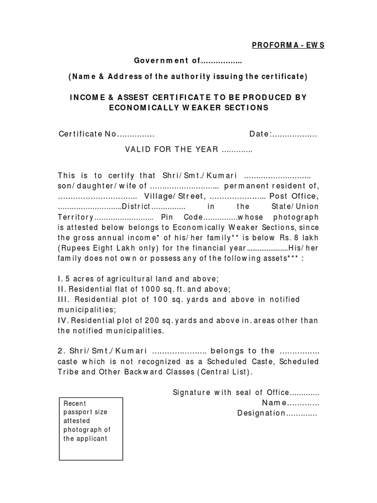 EWS Income & Asset Certificate Format | PDF | Finance & Money ...