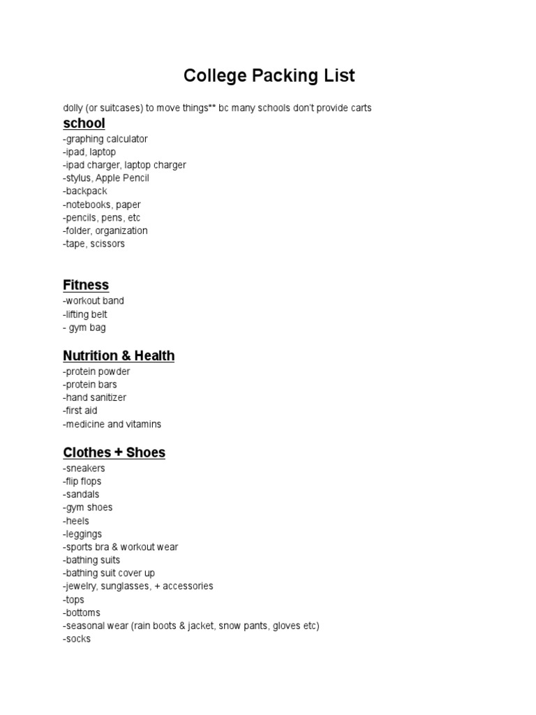 College Packing List PDF Home Manufactured Goods