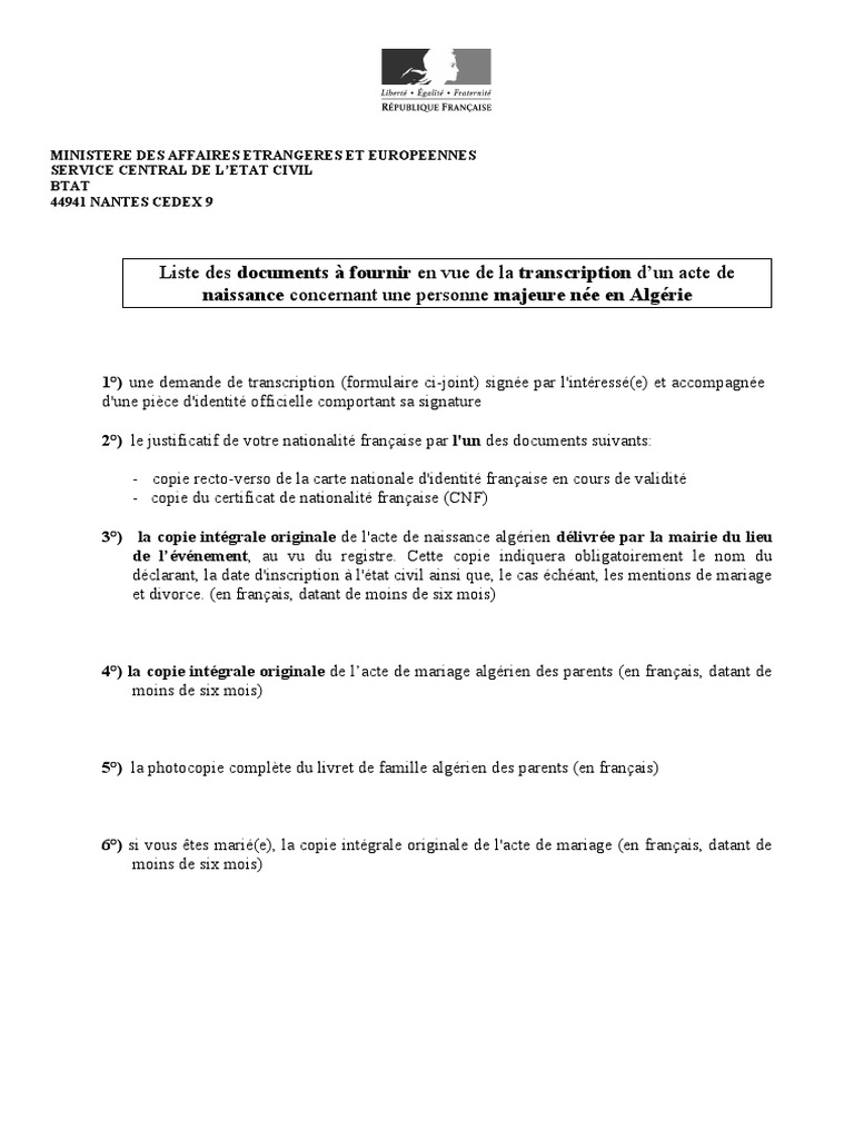 Transcription acte de naissance Algérie | PDF | Certificat de naissance ...