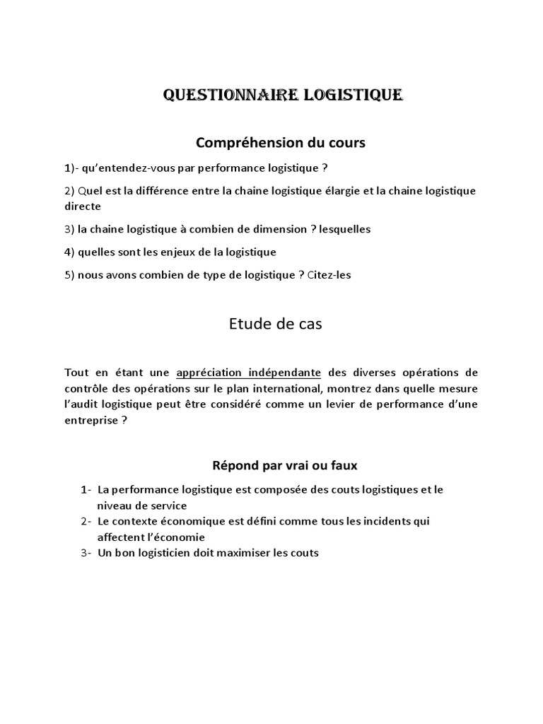 Questionnaire sur la performance logistique | PDF