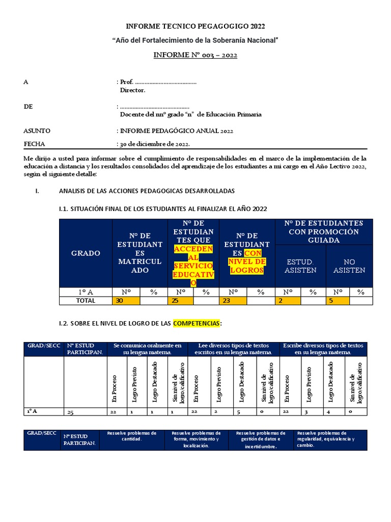 Informe Pedagógico Anual 2022 | PDF | Maestros | Aprendizaje