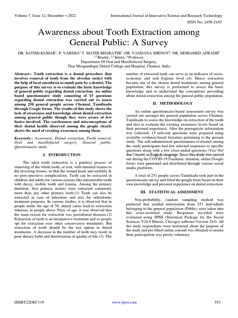 Awareness About Tooth Extraction Among General Public A Survey | PDF ...
