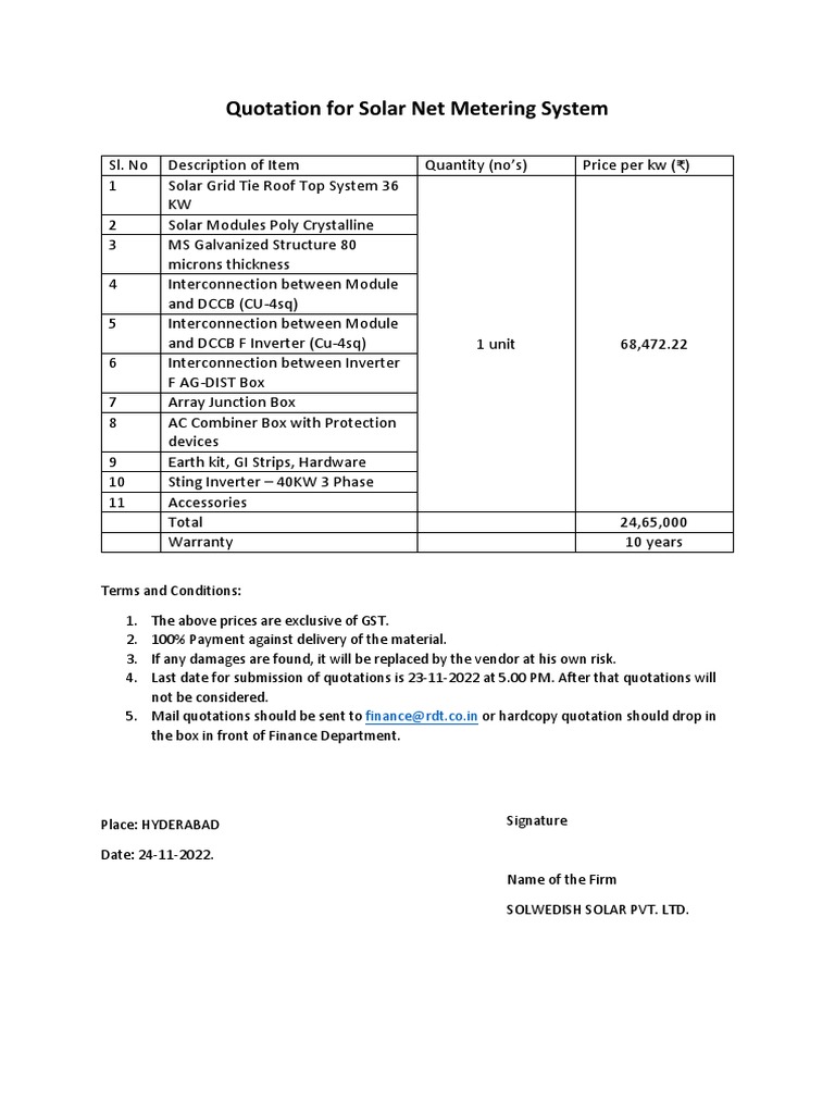 Solar Net Metering Quotation Details | PDF