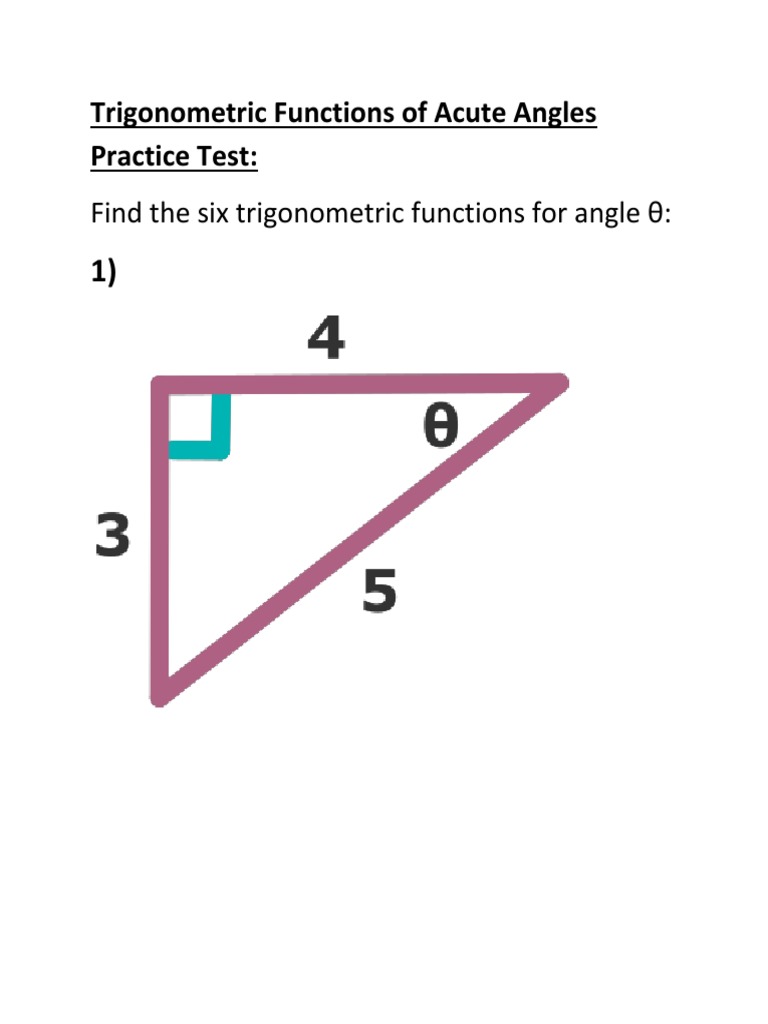 Trigonometric Functions of Acute Angles Practice Test PDF | PDF