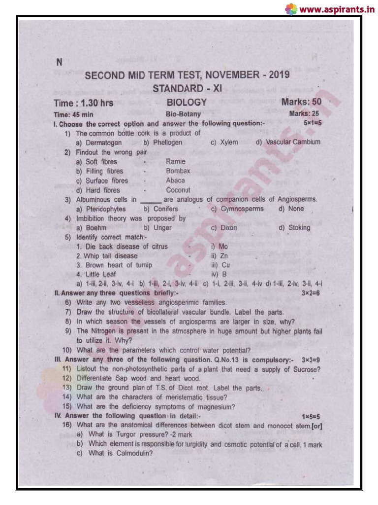 Aspirants AS101119 11th Biology 2nd Mid Term Exam 2019 Original ...