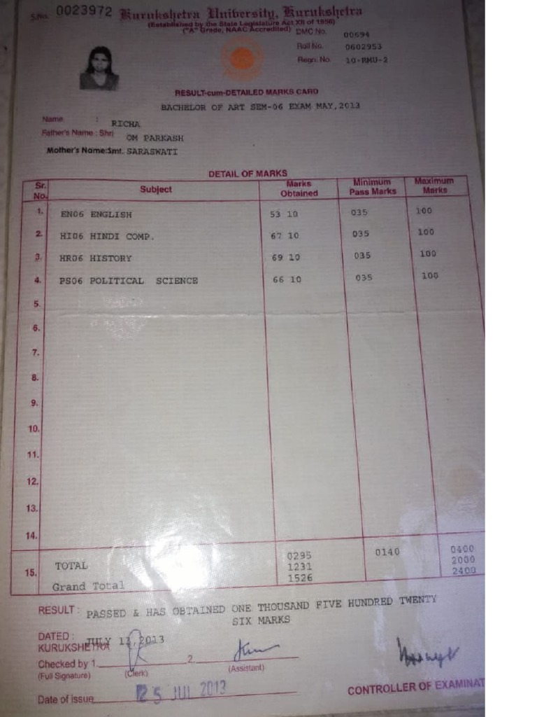 KUK Bachelor of Arts DMC Sample | PDF