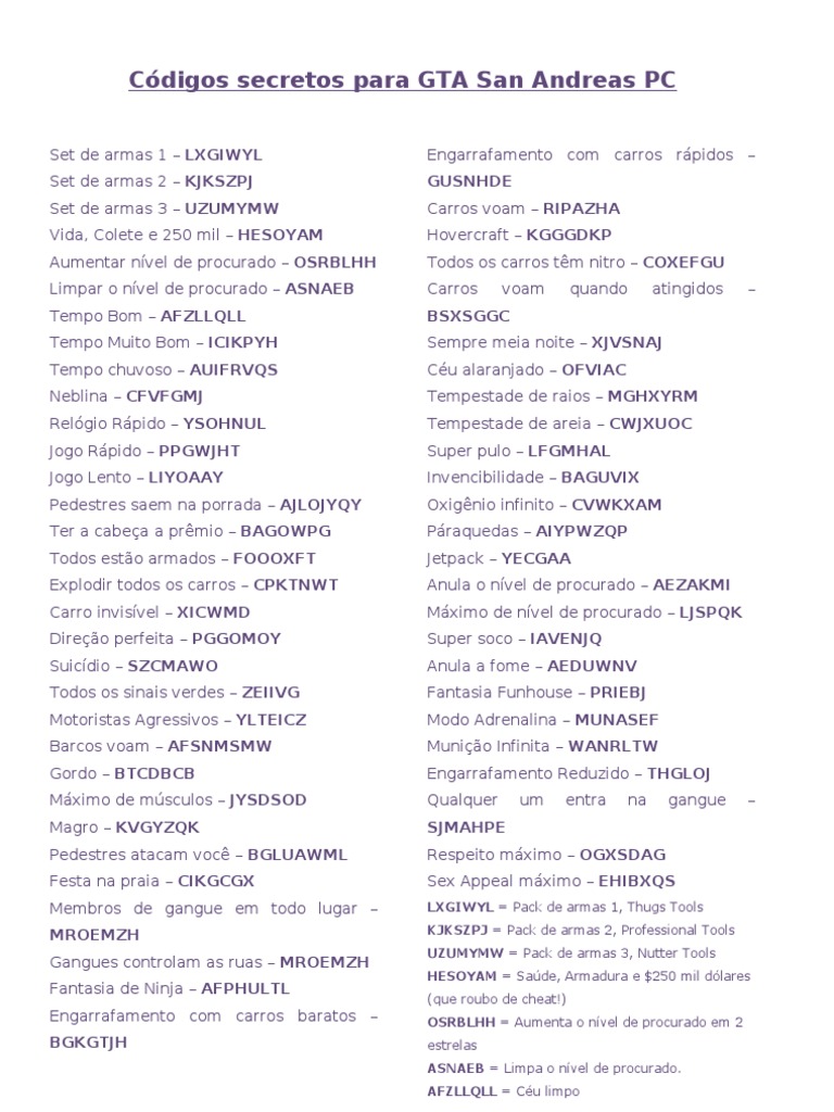 Códigos Secretos para GTA San Andreas PC PDF Tráfego Transporte