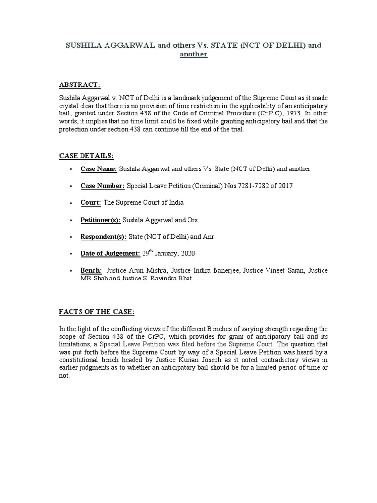 Case Comment Sushila Aggarwal V NCT Delhi | PDF | Bail | Arrest