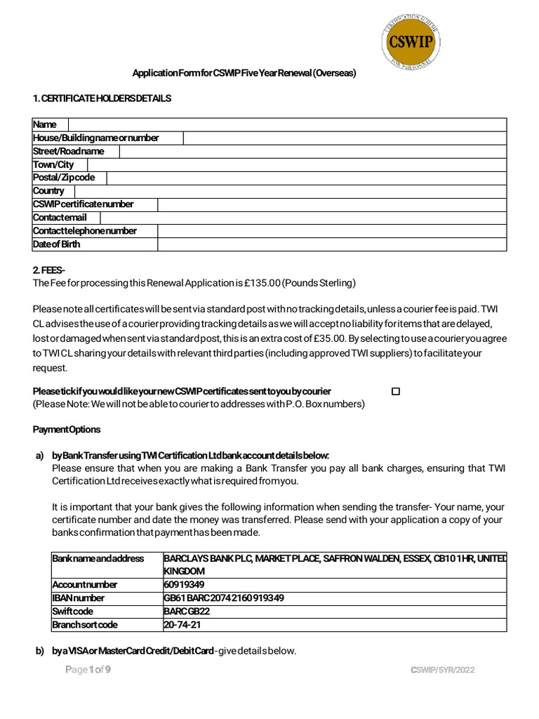 CSWIP Certificate Renewal Application | PDF | Service Industries