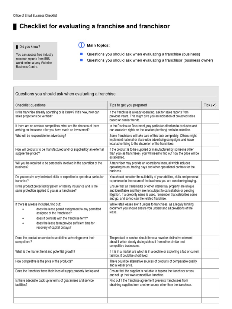 Checklist Evaluating Franchise Franchisor Franchising Government Information