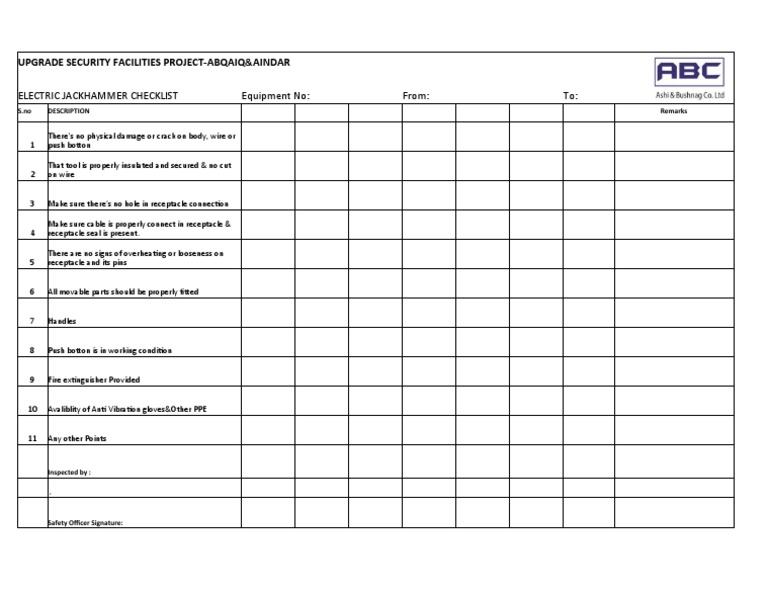 Electric Jackhammer Safety Checklist | PDF