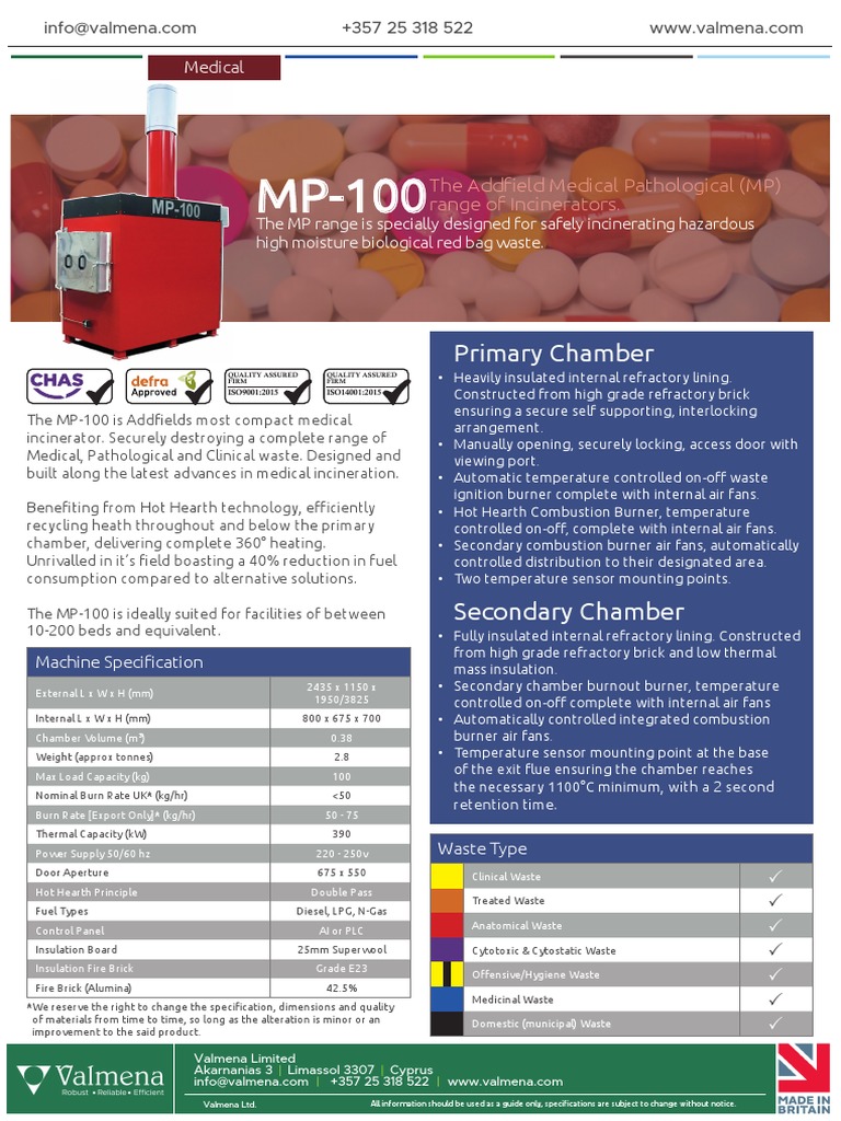 MP100 Medical Waste Incinerator Datasheet PDF Incineration Materials