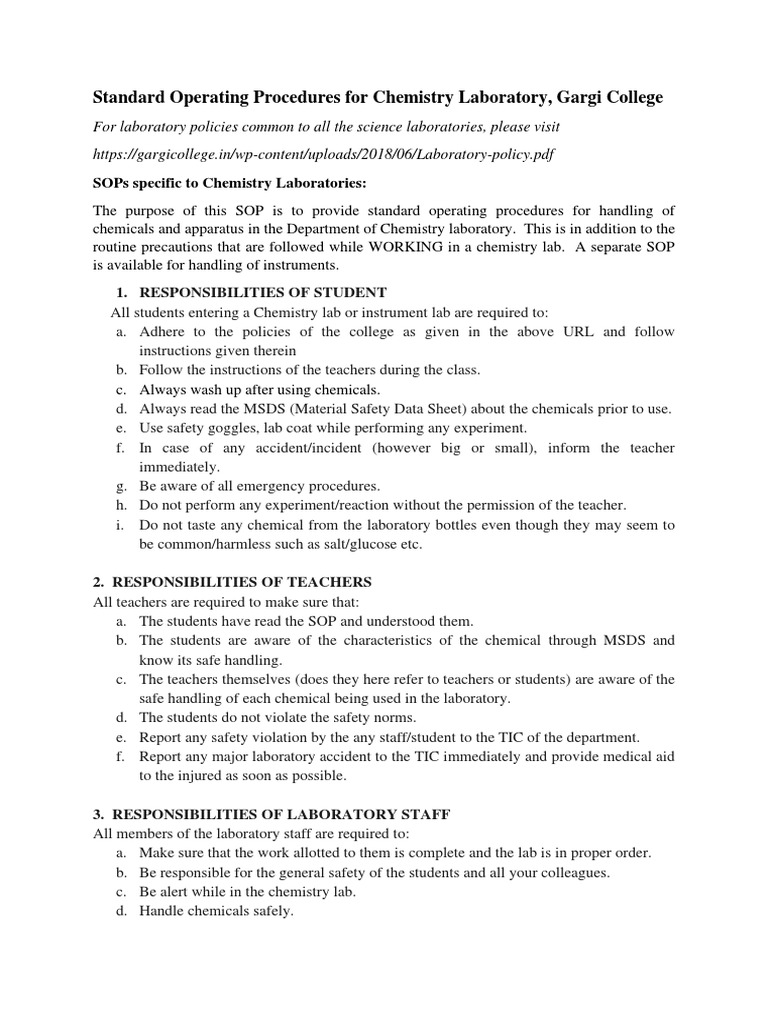 SOP For Chemistry Lab | PDF | Laboratories | Safety