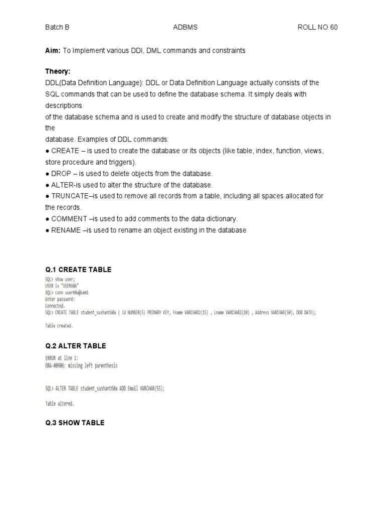 Aim To Implement Various DDL, DML Commands and Constraints Theory PDF