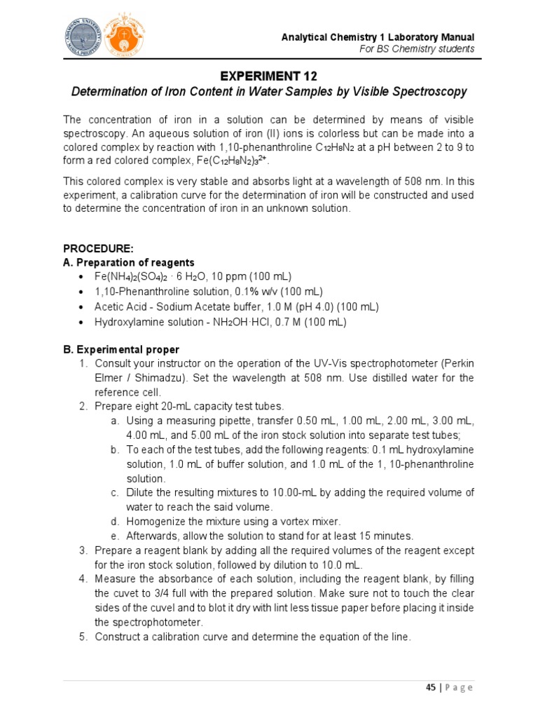 Experiment 9 (UVVis) Lab Manual PDF UltravioletVisible