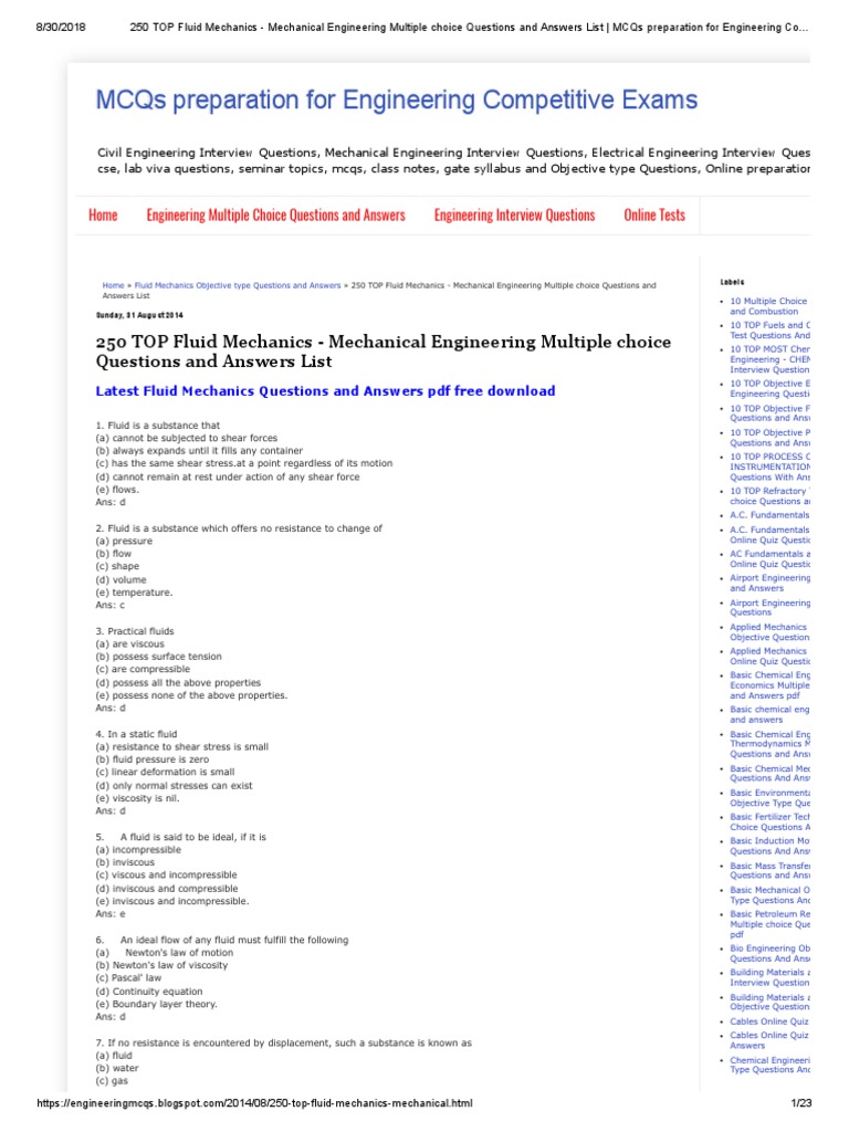 250 TOP Fluid Mechanics Mechanical Engineering Multiple Choice Questions and Answers List