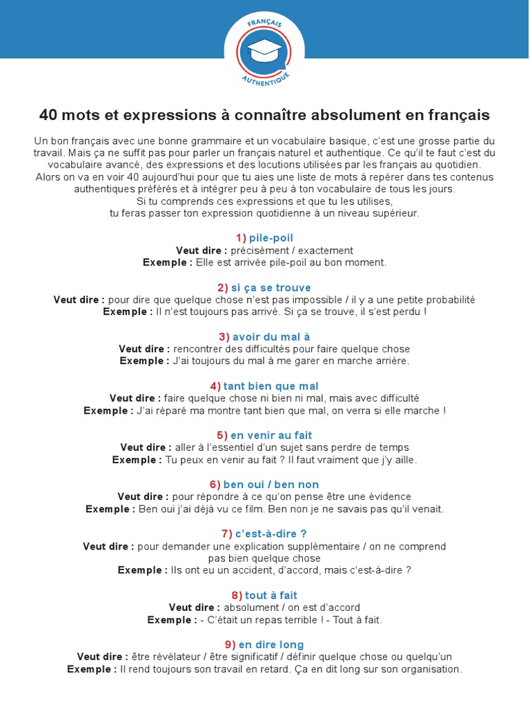 40 Mots Et Expressions À Connaître Absolument en Français - PDF | PDF ...