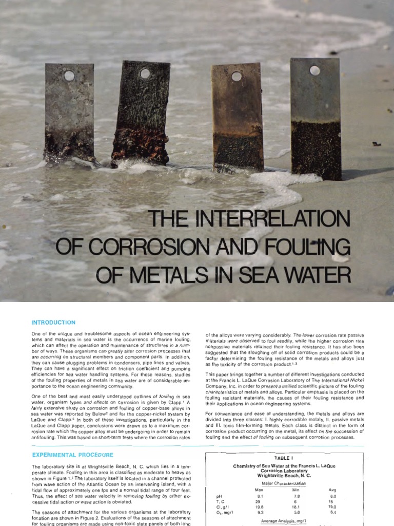 The Interrelation of Corrosion and Fouling of Metals in Sea Water | PDF