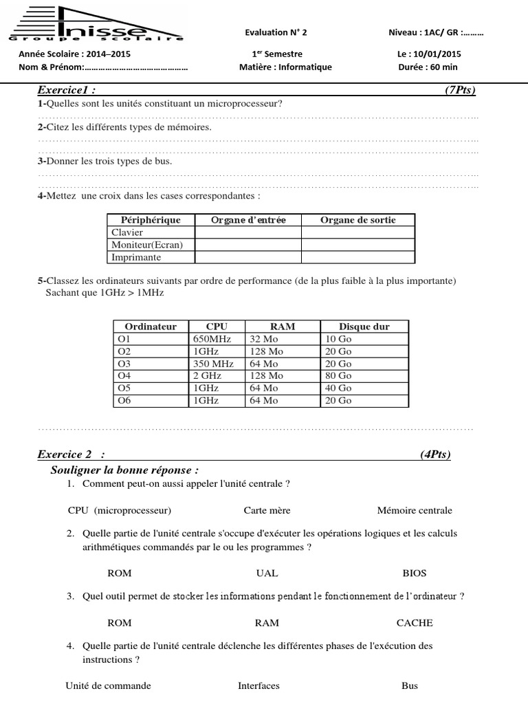 Corrigé d'évaluation Informatique 1AC | PDF | Processeur | Matériel de ...