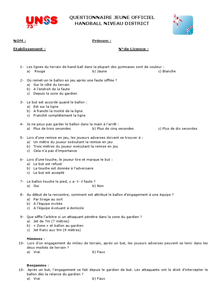 Questionnaire Jeune Arbitre Handball | PDF | Des sports | Football